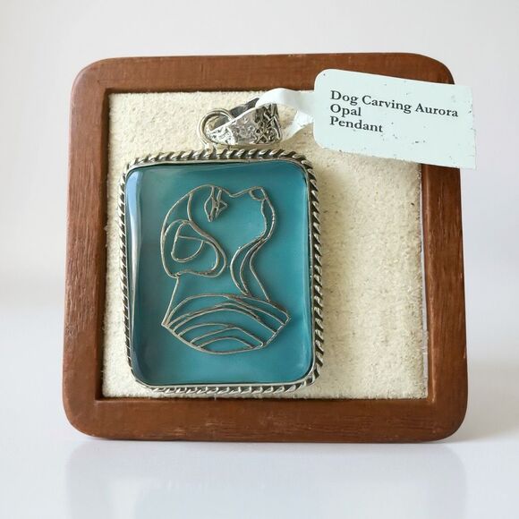 Aurora Opal Dog Carving Pendant Necklace – Sterling Silver Elegance - Picture 1 of 7